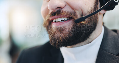 Buy stock photo Call center, business man and mouth for consulting, communication or lead generation for sale. Telemarketing, lips or agent talking closeup for update, outbound marketing or contact us with headset