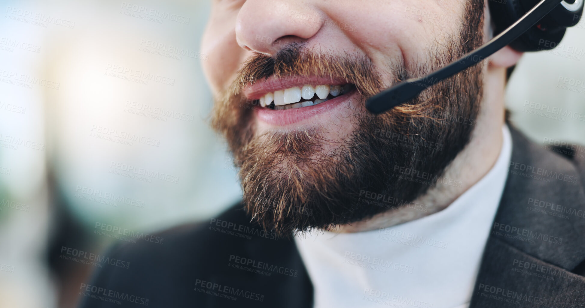 Buy stock photo Call center, business man and mouth for consulting, communication or lead generation for sale. Telemarketing, lips or agent talking closeup for update, outbound marketing or contact us with headset