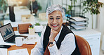 Mature woman, accountant and smile with thinking at office for finance results, stats and insight at company. Person, happy and perspective with solution, tax compliance or audit inspection at agency