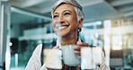 Smile, coffee break and business woman in office by glass for inspiration, ideas and solution. Thinking, employee and mature worker with warm beverage for planning, positive mindset and relax