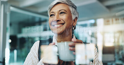 Buy stock photo Smile, coffee break and business woman in office by glass for inspiration, ideas and solution. Thinking, employee and mature worker with warm beverage for planning, positive mindset and relax