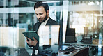 Reading, window and tablet with business man in office for research, client assessment and portfolio report. Project timeline, account review and planning with person in agency for online update