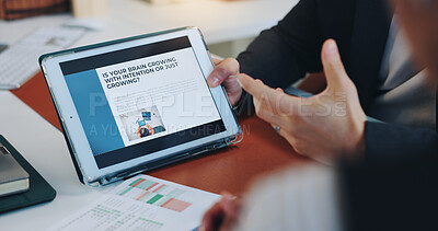 Buy stock photo Hands, people and screen of tablet in office of neurology article, information and brain growing. Staff, team and digital for cognitive intention, review research and reading function of neuroscience