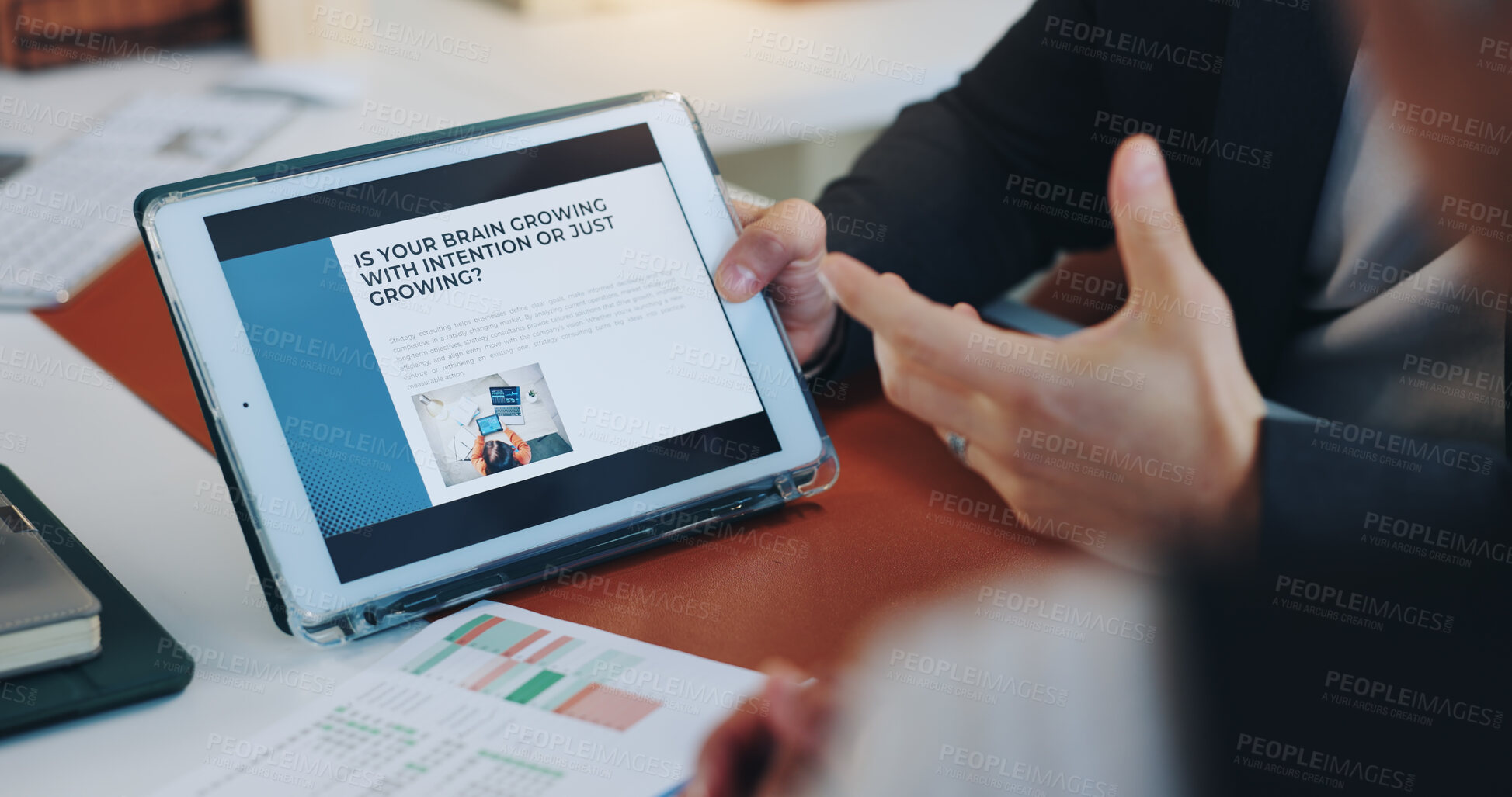 Buy stock photo Hands, people and screen of tablet in office of neurology article, information and brain growing. Staff, team and digital for cognitive intention, review research and reading function of neuroscience