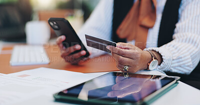 Buy stock photo Business person, hands and phone with credit card for online shopping, purchase or banking at office. Employee, shopper or user with digital technology, debit and ecommerce app for remote transaction