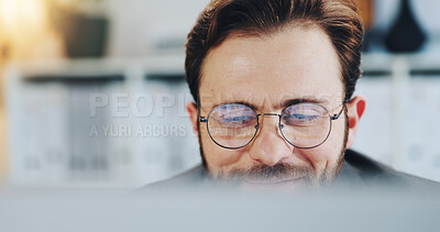 Buy stock photo Smile, man and reading on computer in office for editor feedback, information and article post. Male journalist, glasses and reflection of PC for proofreading news, update draft and story publication