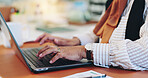 Laptop, hands and businesswoman in office with typing for research, communication or email. Computer, creative career and female editor with online article for publishing with review in workplace.