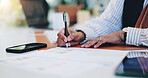 Planning, documents and hands of business person for writing, progress report and account manager. Research, client portfolio and budget proposal with employee in office for review and development