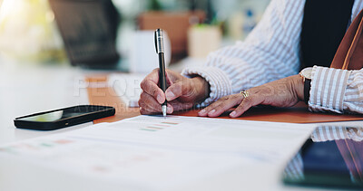 Buy stock photo Planning, documents and hands of business person for writing, progress report and account manager. Research, client portfolio and budget proposal with employee in office for review and development