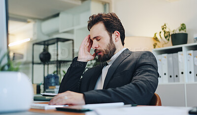 Buy stock photo Burnout, sleep or businessman with headache in office for deadline, project report and pain. Stress, tired and exhausted administrator with depression or migraine with fatigue, crisis or pressure