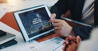 Buy stock photo Hands, tablet screen and consultation at law firm for meeting, advice and compliance. Technology, lawyer and business people with client for legal discussion and show services on website in office