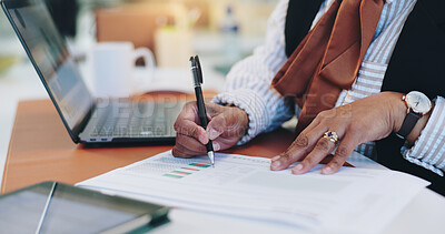 Buy stock photo Writing, documents and hands of business person for planning, progress report and account manager. Research, client portfolio and budget proposal with employee in office for review and development