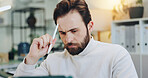 Research, stylus and tablet with business man in office for planning, thinking and schedule appointment. Application solution, problem solving and reflection with person in agency for report insight