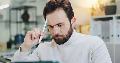 Buy stock photo Research, stylus and tablet with business man in office for planning, thinking and schedule appointment. Application solution, problem solving and reflection with person in agency for report insight