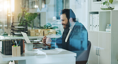 Buy stock photo Business, celebration and man in office, laptop and cheering with achievement, investment or deal. Happy person, success or financial advisor with pc, income or connection with profit growth or smile