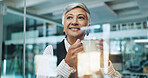 Thinking, coffee break and business woman in office by glass for inspiration, ideas and solution. Professional, corporate and mature worker with beverage for planning, positive mindset and relax