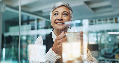 Buy stock photo Thinking, coffee break and business woman in office by glass for inspiration, ideas and solution. Professional, corporate and mature worker with beverage for planning, positive mindset and relax