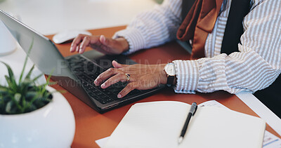 Buy stock photo Research, laptop and hands of business person for planning, progress report and schedule manager. Typing, notebook records and budget proposal with employee in office for review, online and email