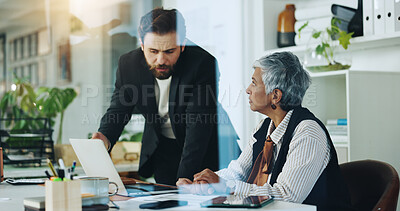 Buy stock photo Explaining, colleagues and man with laptop, pointing and collaboration with project manager or chat. Teamwork, employee and people with tech for opportunity, planning and info for investment pitch