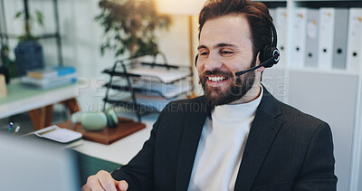 Buy stock photo Call center, help and happy business man with service, finance and loan approval for customer. Smile, headset and consultant with computer for contact us, positive feedback and banking assistance