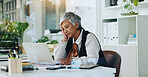 Burnout, laptop and stress with business woman in office for accounting audit or tax review. Computer, debt and financial crisis with employee at desk in workplace for bankruptcy, economy or mistake