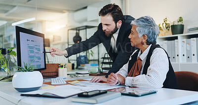 Buy stock photo Collaboration, colleagues and man with computer, pointing or explaining proposal to project manager. Teamwork, screen and people with tech for opportunity, planning and info for investment pitch