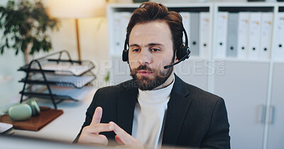 Buy stock photo Call center, business man and sales consultant with communication for lead generation or crm. Telemarketing, agent and listening to customer for feedback, outbound marketing or contact us with tech