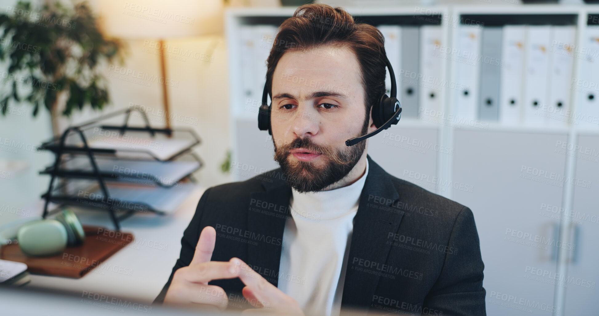 Buy stock photo Call center, business man and sales consultant with communication for lead generation or crm. Telemarketing, agent and listening to customer for feedback, outbound marketing or contact us with tech