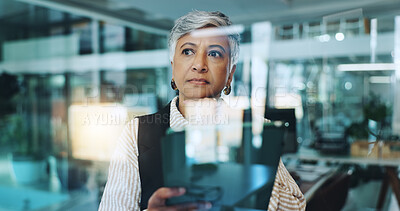 Buy stock photo Thinking, window and tablet with business woman in office for planning, research and schedule appointment. Application solution, problem solving and reflection with mature person for report insight