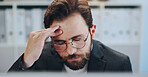 Headache, stress or tired businessman in office for deadline, project or document report. Pain, migraine and exhausted administrator with depression in workplace with fatigue, burnout or pressure