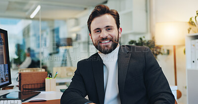 Buy stock photo Smile, professional and portrait of businessman in office with confidence for creative career. Happy, positive attitude and male magazine editor from Italy with pride for job opportunity in workplace