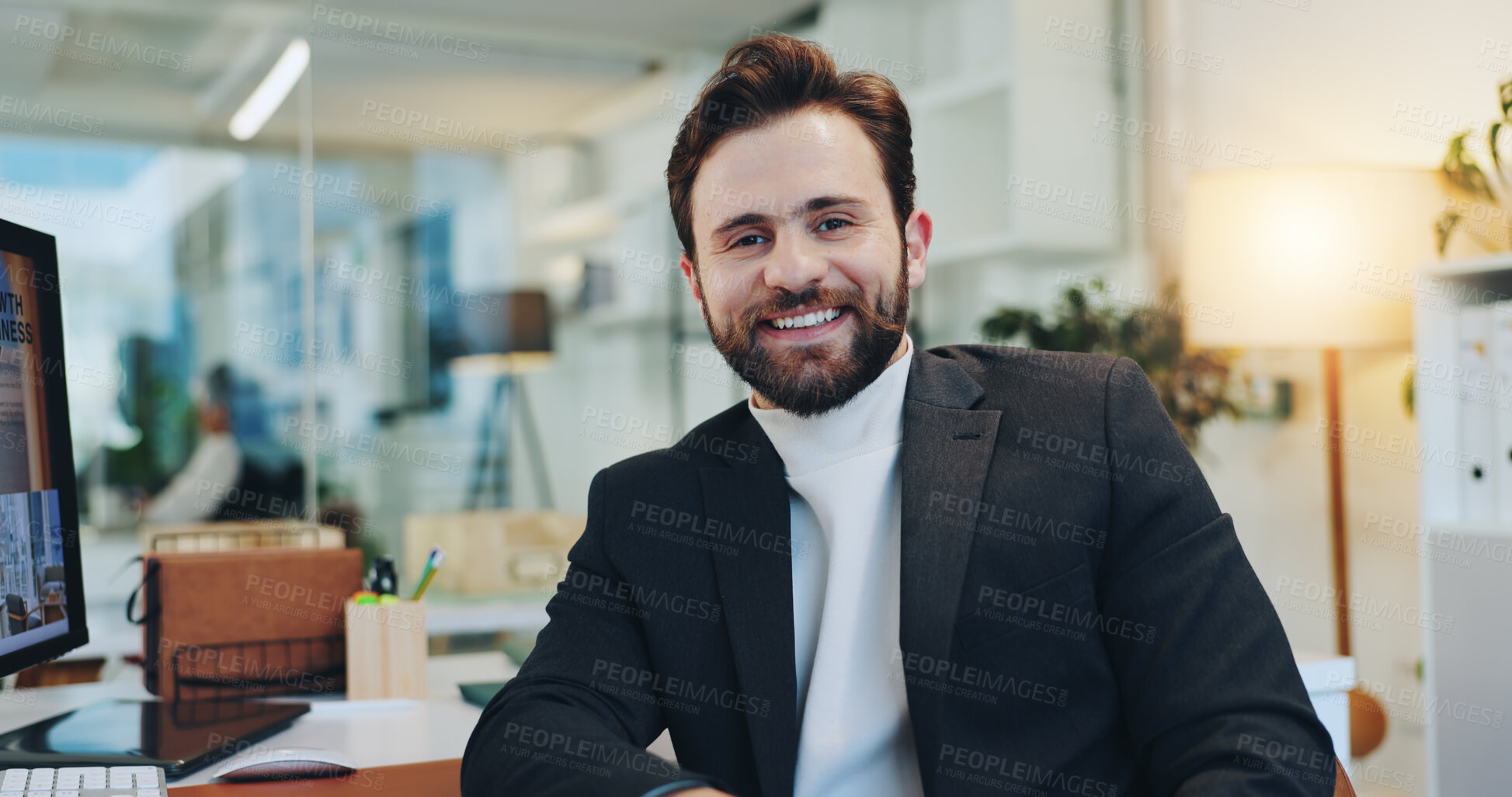 Buy stock photo Smile, professional and portrait of businessman in office with confidence for creative career. Happy, positive attitude and male magazine editor from Italy with pride for job opportunity in workplace