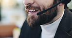 Call center, business man and lips for consulting, communication or lead generation for sale. Telemarketing, mouth or agent talking closeup for feedback, outbound marketing or contact us with headset