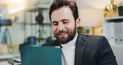 Buy stock photo Smile, man and reading on tablet in office for editor feedback, information and article post. Male journalist, digital and proofreading of latest news, update draft and review  story for publication