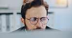 Reading, online and glasses with business man in office for research, client assessment and portfolio report. Project timeline, account review and planning with person in agency for admin update