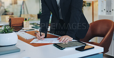 Buy stock photo Signing, legal document and entrepreneur in office, hands and agreement for business loan or policy. Writing, paperwork and person with investment contract, terms and approval for funding grant