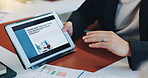 Hands, man and screen of tablet in office of neurology article, information and brain growing. People, team and digital for cognitive intention, review research and reading function of neuroscience