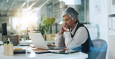 Buy stock photo Thinking, reading and laptop with business woman in office for planning, research and schedule appointment. Application solution, problem solving and reflection with mature person for report insight