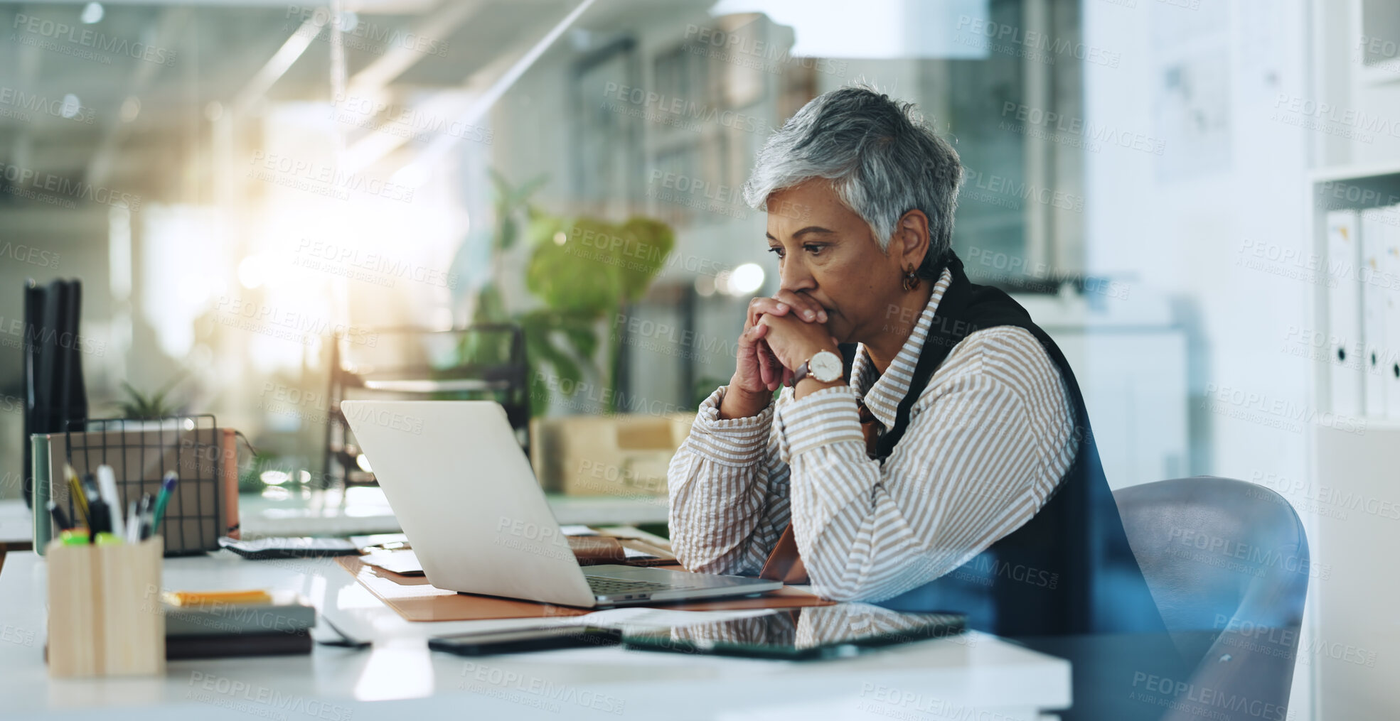 Buy stock photo Thinking, reading and laptop with business woman in office for planning, research and schedule appointment. Application solution, problem solving and reflection with mature person for report insight