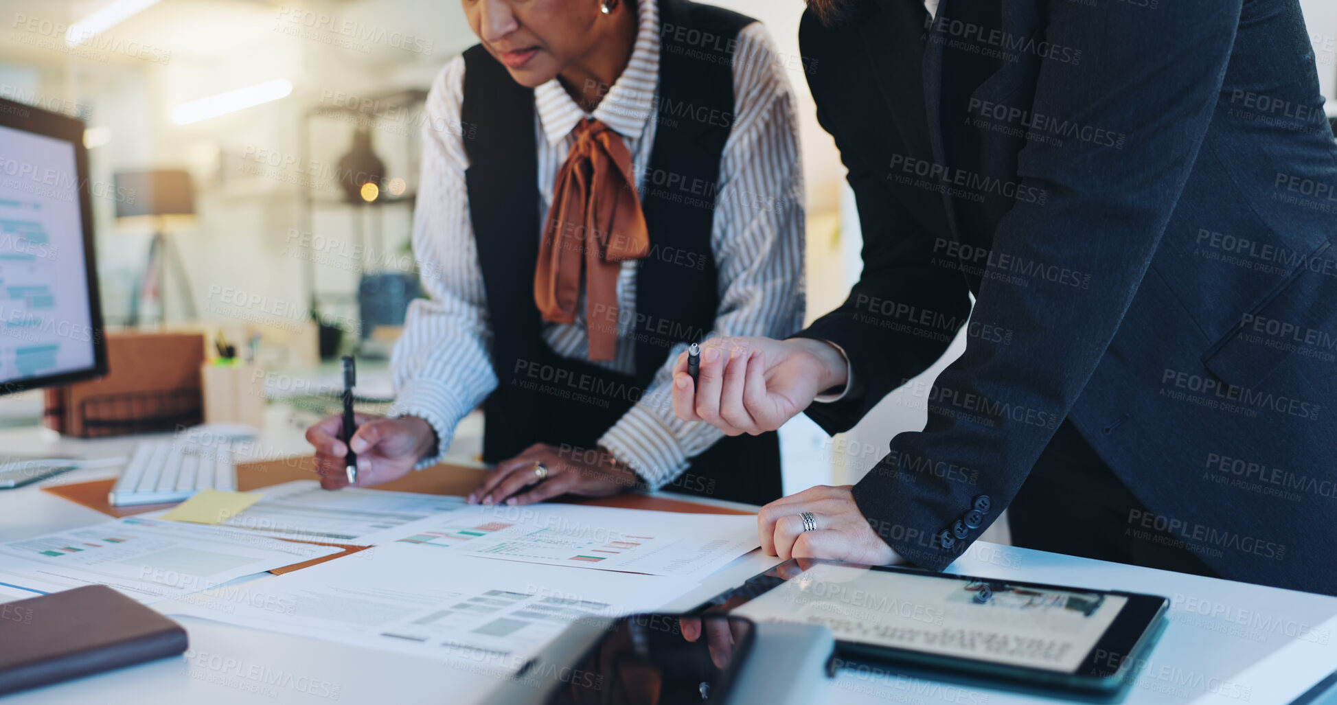 Buy stock photo Hands, accounting and documents for business people, finance results, stats and team review at office. Partnership, paperwork and feedback for tax compliance, solution and audit inspection at agency