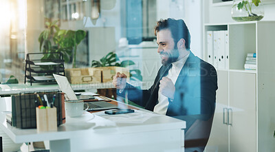 Buy stock photo Smile, fist pump and laptop with business man in office for research, client assessment and portfolio profit. Project success, account growth and excited with person in agency for online update
