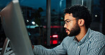 Computer, night and stock market with business man in office for finance, investment or trading. Financial, money and securities exchange with broker in workplace for evening portfolio management