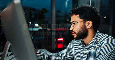 Buy stock photo Computer, night and stock market with business man in office for finance, investment or trading. Financial, money and securities exchange with broker in workplace for evening portfolio management