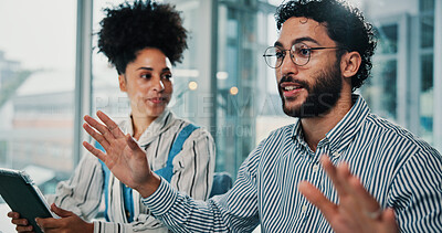 Buy stock photo Meeting, talking and business people in office for planning creative project in collaboration. Discussion, tablet and professional magazine editors with teamwork for article publishing in workplace.