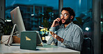 Computer, night and phone call with man at investment office for asset management review. Communication, negotiation and update with business person at work in evening for stock market trading