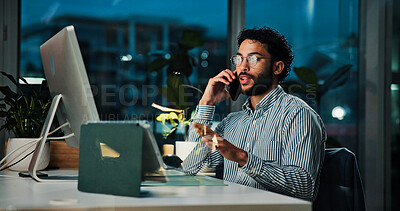Buy stock photo Computer, night and phone call with man at investment office for asset management review. Communication, negotiation and update with business person at work in evening for stock market trading