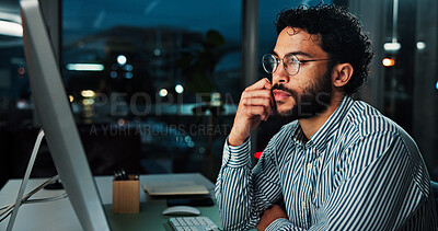 Buy stock photo Computer, night and thinking with business man in office for finance, investment or trading. Financial, money and stock market exchange with broker in workplace for evening portfolio management