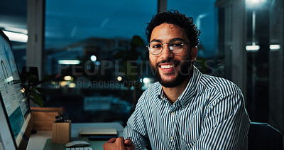 Buy stock photo Portrait, night and happy businessman in office for financial analysis with computer screen. Smile, glasses and investment analyst on overtime for stock market, trading and career at workplace