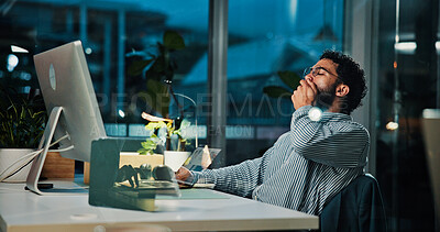 Buy stock photo Tired, businessman and night with yawn on computer for project deadline or exhausted in office. Man, employee or workaholic working late with technology for fatigue, insomnia or overtime in workplace