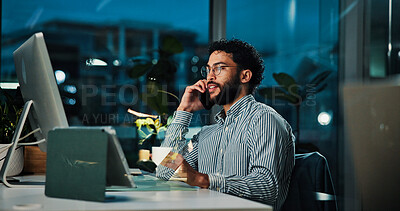 Computer, night and phone call with broker man in office for project management deadline. Communication, trading and update with business person at work in evening for feedback, planning or review